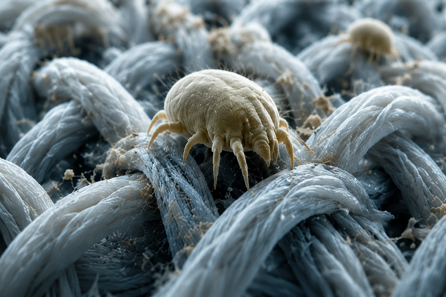 Representación microscópica de un ácaro del polvo entre las fibras de un colchón